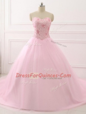 Ideal Baby Pink Sleeveless Tulle Brush Train Lace Up Quinceanera Dress for Military Ball and Sweet 16 and Quinceanera