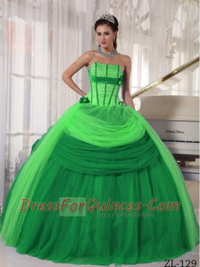 Straps Ball Gown Tulle Green Beadings Spring Quinceanera Dresses 2014