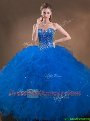Classical Perfect Big Puffy Beaded and Ruffled Sweet 16 Dress in Blue
