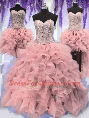 Comfortable Four Piece Sequins Floor Length Ball Gowns Sleeveless Pink Quinceanera Dress Lace Up