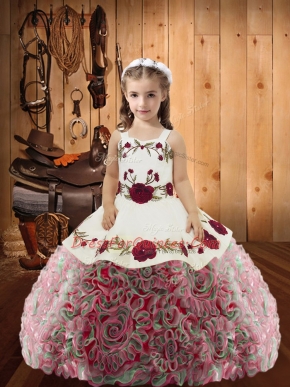 Sleeveless Fabric With Rolling Flowers Floor Length Lace Up Little Girls Pageant Dress in Multi-color with Embroidery and Ruffles