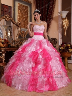 Pink Sweetheart Floor-length Organza Beading and Ruch Ball Gown Quinceanera Dress