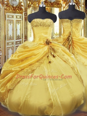 Gold Strapless Lace Up Beading and Pick Ups 15th Birthday Dress Sleeveless