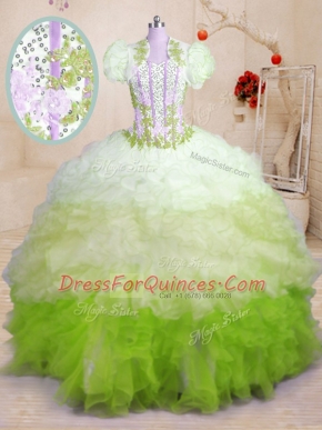 Multi-color Ball Gowns Beading and Appliques and Ruffles Sweet 16 Dresses Lace Up Organza Sleeveless With Train