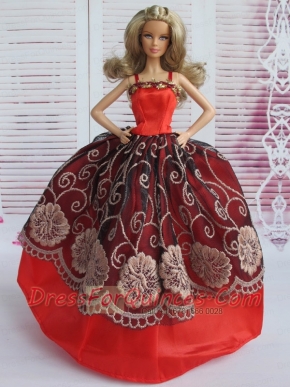 Beautiful Embroidery Ball Gown Red and Black Barbie Doll Dress