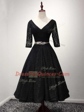 Suitable Half Sleeves Lace Up Ankle Length Lace and Belt Evening Dress