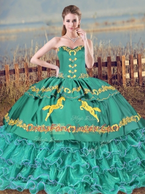 Glittering Sweetheart Sleeveless Satin Quinceanera Dress Embroidery and Ruffled Layers Lace Up