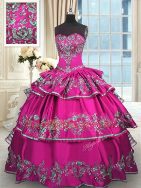 Exquisite Sleeveless Satin Floor Length Lace Up Vestidos de Quinceanera in Fuchsia with Embroidery and Ruffled Layers