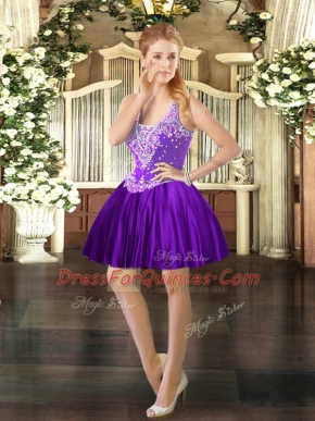 Purple Sleeveless Beading Mini Length Dress for Prom