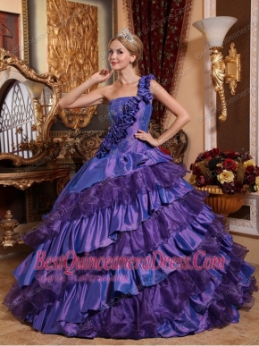Purple Ball Gown One Shoulder Floor-length Taffeta and Organza Hand Made Flowers Quinceanera Dress