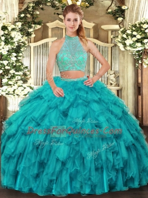 Adorable Halter Top Sleeveless Criss Cross Sweet 16 Quinceanera Dress Turquoise Organza
