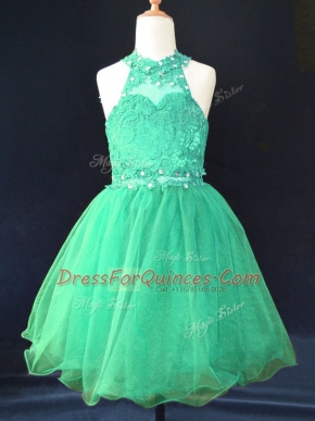 Green Organza Lace Up Halter Top Sleeveless Mini Length Kids Formal Wear Beading and Lace