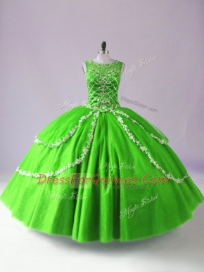 High Class Green Zipper Scoop Beading and Appliques Quinceanera Dress Tulle Sleeveless