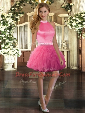 Halter Top Sleeveless Prom Evening Gown Mini Length Beading and Ruffles Pink Tulle