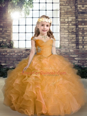 Orange Straps Neckline Beading and Ruffles Pageant Dress for Girls Sleeveless Lace Up