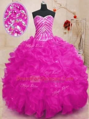 Sweet Fuchsia Lace Up Sweetheart Beading and Ruffles and Sequins Quince Ball Gowns Organza Sleeveless