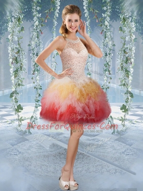 Multi-color Lace Up Halter Top Beading and Embroidery Dress for Prom Tulle Sleeveless