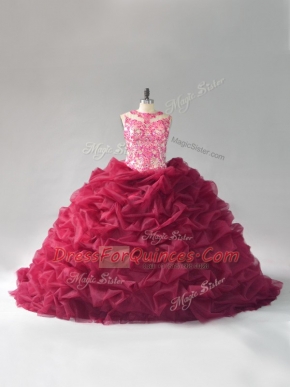 Clearance Burgundy Ball Gowns Beading and Pick Ups Quinceanera Dress Lace Up Organza Sleeveless