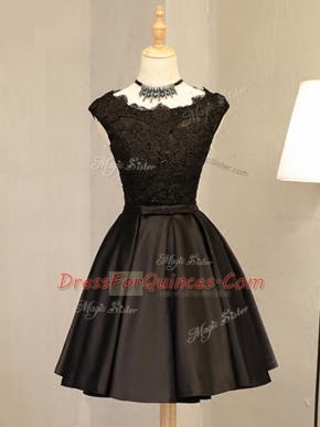 Graceful A-line Prom Evening Gown Black Scoop Satin Sleeveless Mini Length Zipper