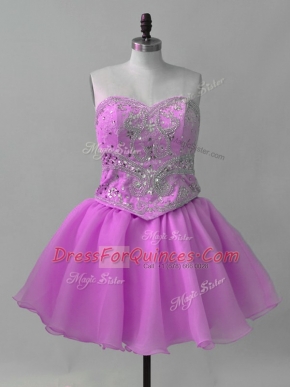 Suitable Lilac Organza Lace Up Prom Party Dress Sleeveless Mini Length Beading