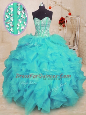 Custom Design Floor Length Aqua Blue Ball Gown Prom Dress Sweetheart Sleeveless Lace Up