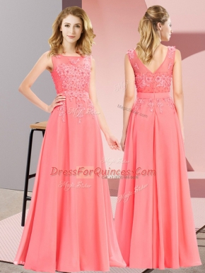 Chiffon Sleeveless Floor Length Quinceanera Court of Honor Dress and Beading and Appliques