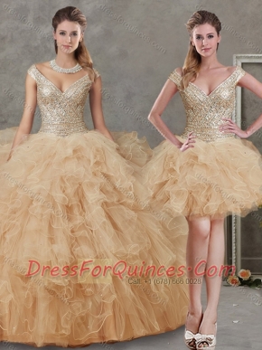 Off the Shoulder Champagne Detachable Quinceanera Dresses with Beading and Ruffles