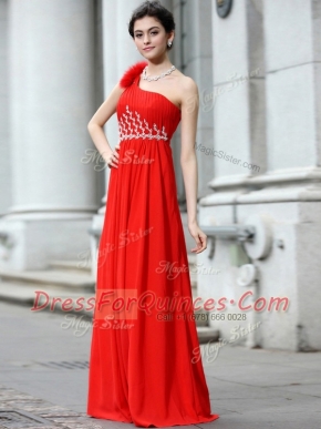 One Shoulder Coral Red Sleeveless Chiffon Zipper Prom Dresses for Prom and Party