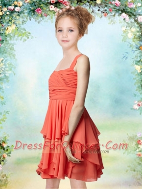 2014 Orange Red Straps Chiffon Column Flower Girl Dress
