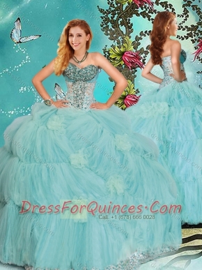 Discount Mint Sweetheart Quinceanera Dress with Beading and Handcrafted Flowers