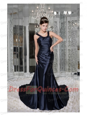 Prom / Evening Dress Navy Blue Empire Scoop Brush Train Taffeta Beading