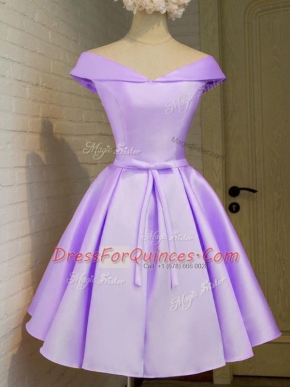 Spectacular Lavender Off The Shoulder Neckline Belt Damas Dress Cap Sleeves Lace Up
