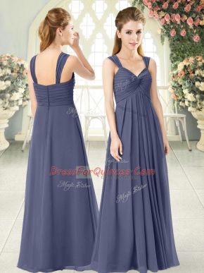 Delicate Blue Empire Chiffon Straps Sleeveless Ruching Floor Length Zipper Prom Evening Gown
