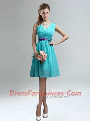 Elegant V-neck Ruched Dama Dress with Belt for Sale