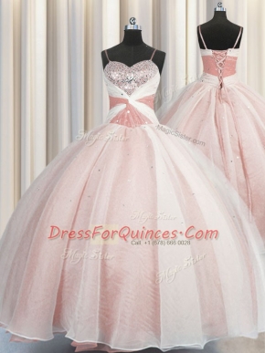 Pink Ball Gowns Organza Spaghetti Straps Sleeveless Beading Floor Length Lace Up Quinceanera Dresses