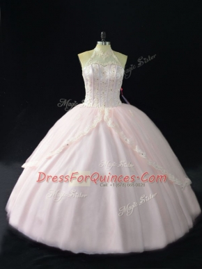 Captivating Sleeveless Floor Length Beading and Appliques Lace Up Quince Ball Gowns with Pink