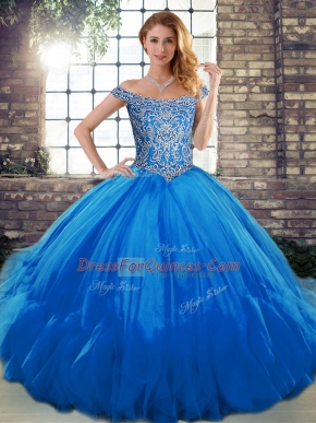 Adorable Blue Tulle Lace Up Off The Shoulder Sleeveless Floor Length Quinceanera Gowns Beading and Ruffles