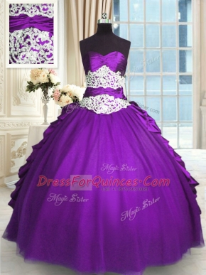 Sleeveless Lace Up Floor Length Beading and Lace and Ruching and Pick Ups Quince Ball Gowns