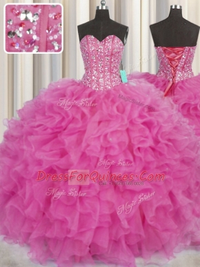 Fitting Visible Boning Ball Gowns 15th Birthday Dress Hot Pink Sweetheart Organza Sleeveless Floor Length Lace Up