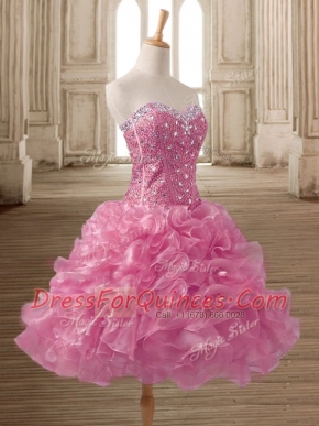 Sleeveless Mini Length Beading and Ruffles Lace Up Prom Dress with Pink