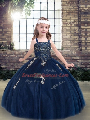 Navy Blue Lace Up Straps Appliques Little Girl Pageant Gowns Tulle Sleeveless