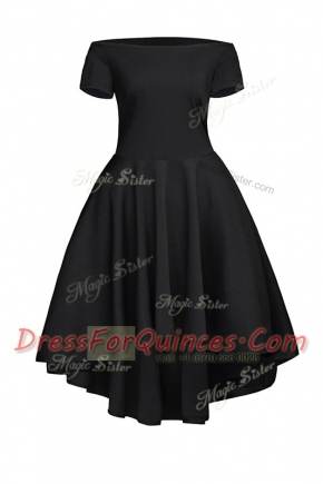 Tea Length A-line Short Sleeves Black Prom Evening Gown Side Zipper