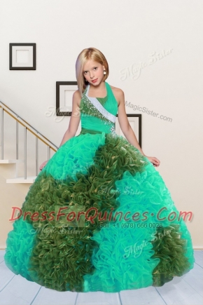 Halter Top Green Sleeveless Fabric With Rolling Flowers Lace Up Kids Formal Wear for Party and Wedding Party