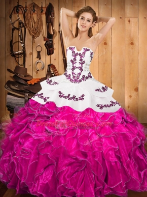 Fuchsia Quince Ball Gowns Military Ball and Sweet 16 and Quinceanera with Embroidery and Ruffles Strapless Sleeveless Lace Up