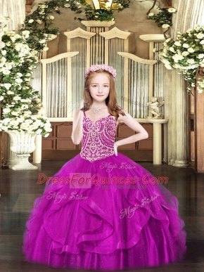 Pretty Floor Length Ball Gowns Sleeveless Fuchsia Little Girl Pageant Gowns Lace Up
