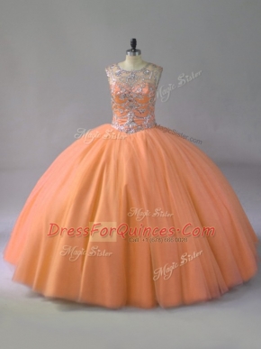 Orange Tulle Lace Up Scoop Sleeveless Floor Length Quince Ball Gowns Beading
