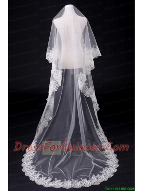2014 Simple One-Tier Bridal Veils with Lace Appliques Edge