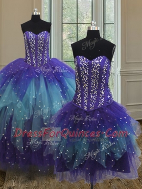 Fitting Three Piece Sequins Sweetheart Sleeveless Lace Up Sweet 16 Dresses Multi-color Tulle