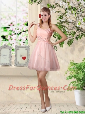 Affordable A Line One Shoulder Appliques Prom Dresses in Pink