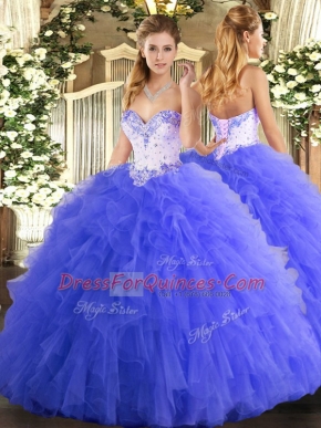 Pretty Blue Sweetheart Lace Up Beading and Ruffles 15th Birthday Dress Sleeveless